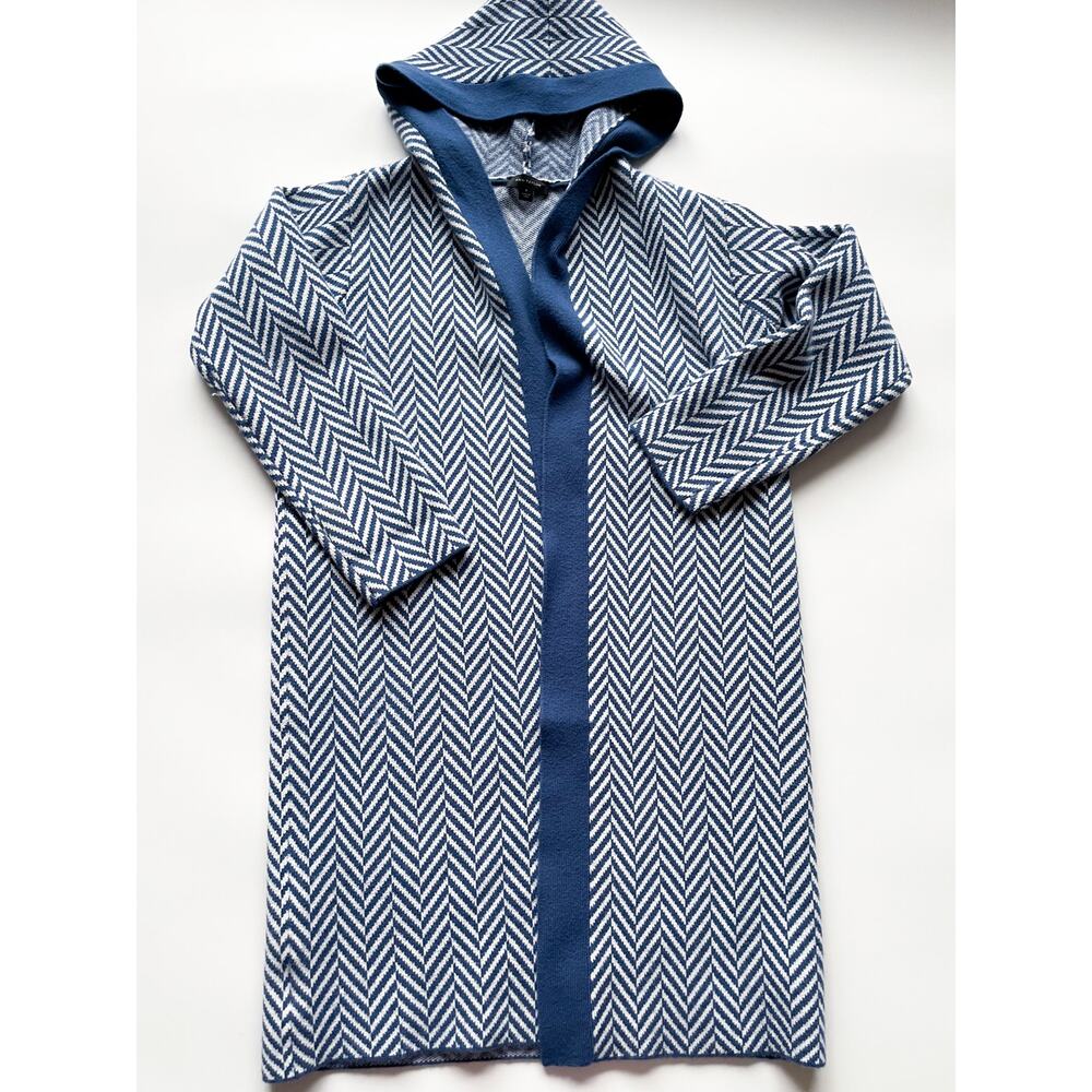 Ann Taylor Blue and White Herringbone Long Open Front Hooded Cardigan Sweater M